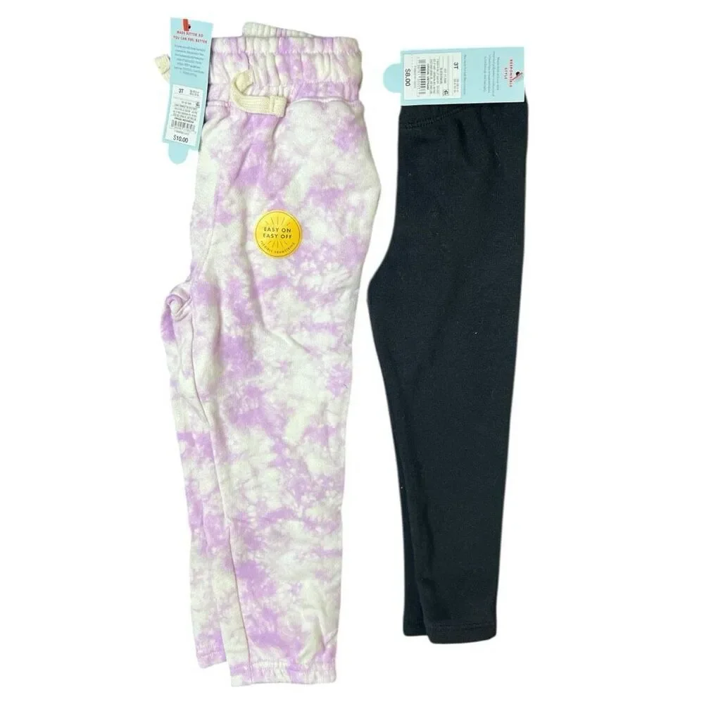 NEW Cat & Jack Toddler Girls Pant Bundle – Tie Dye Joggers + Black Leggings 3T